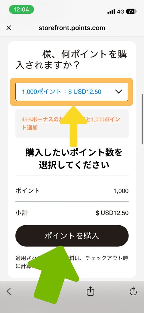 購入したポイント数を選択